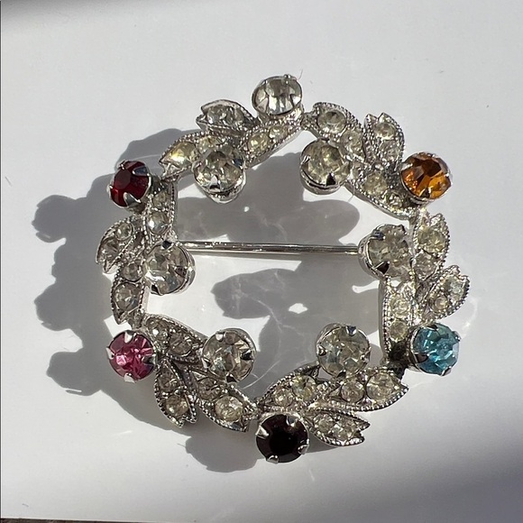 Eisenberg Jewelry - Vintage Eisenberg christmas Crystal Leaf Brooch in Silver and Multi-Color
